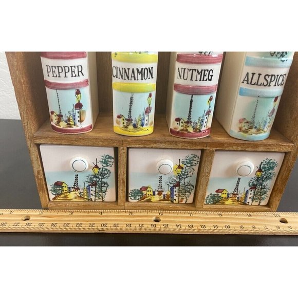 Wood and Ceramic Spice Rack 4 shakers with 3 drawers Japan Vintage City Scene - Picture 5 of 8